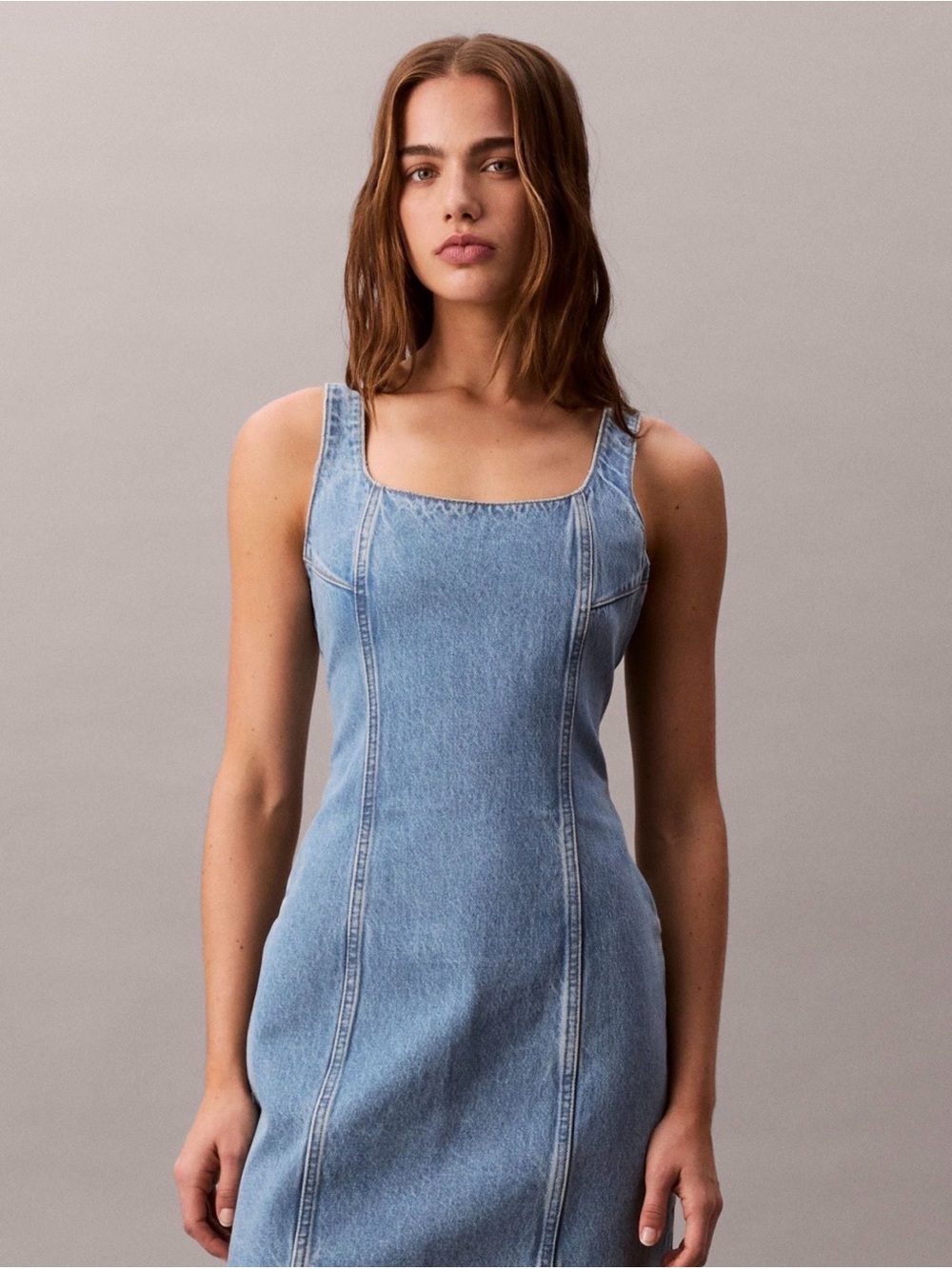 Good American Light Wash Denim Dress with Square Neckline Never weared